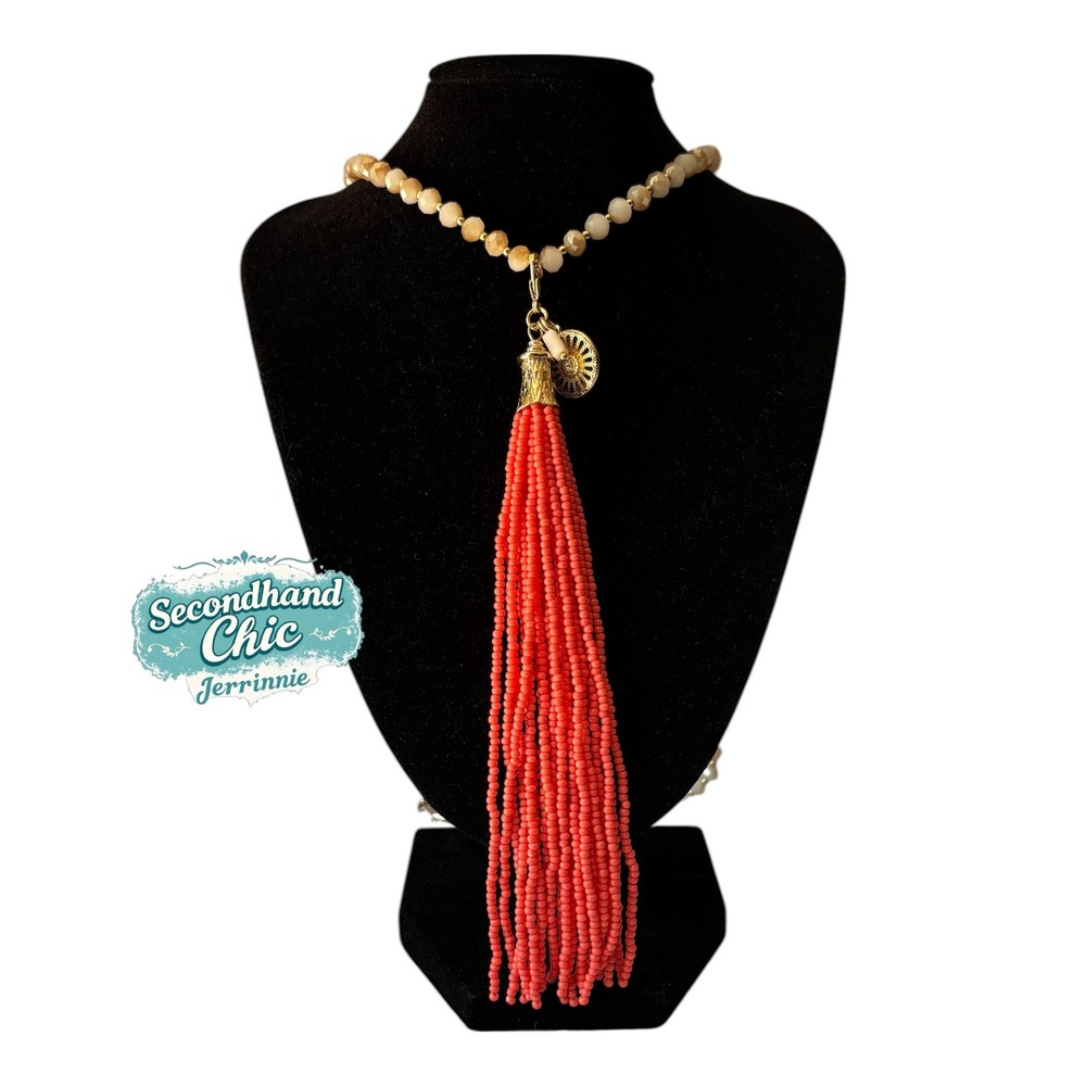 Boho Long Beaded Tassel Necklace‎ Cream Champagne Gold